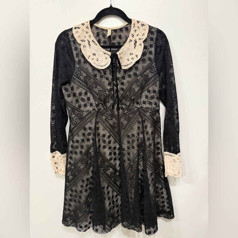 Free People  Talk That Talk Black Lace Dress with Cream Accents‎ Whimsygoth